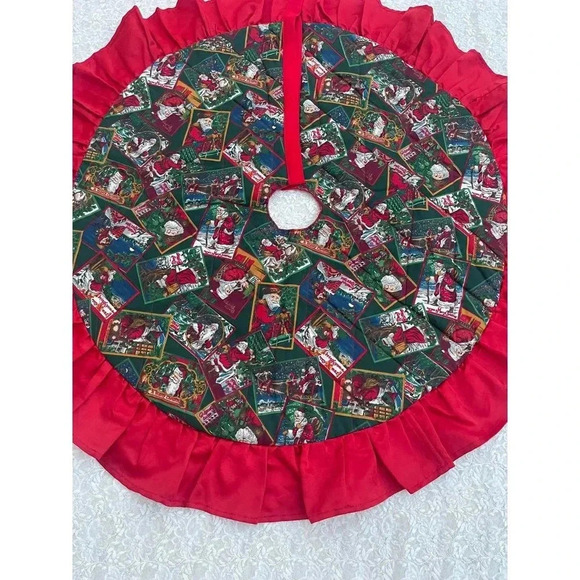Vintage Handmade Holiday Christmas Tree Skirt Santa Claus Ruffle Pleated Red 36" - Picture 10 of 10